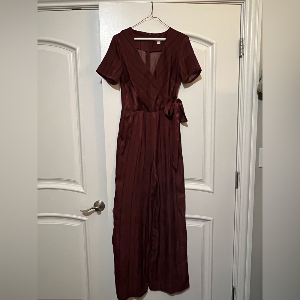 Wide leg pants jumpsuit, maroon with thin navy blue pin stripes. Size XS